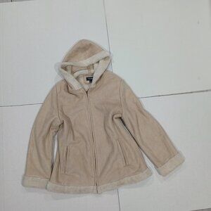Sonoma Life + Style Women's Suede Fabric Beige HoodFaux Fur Coat/Jacket Size L.